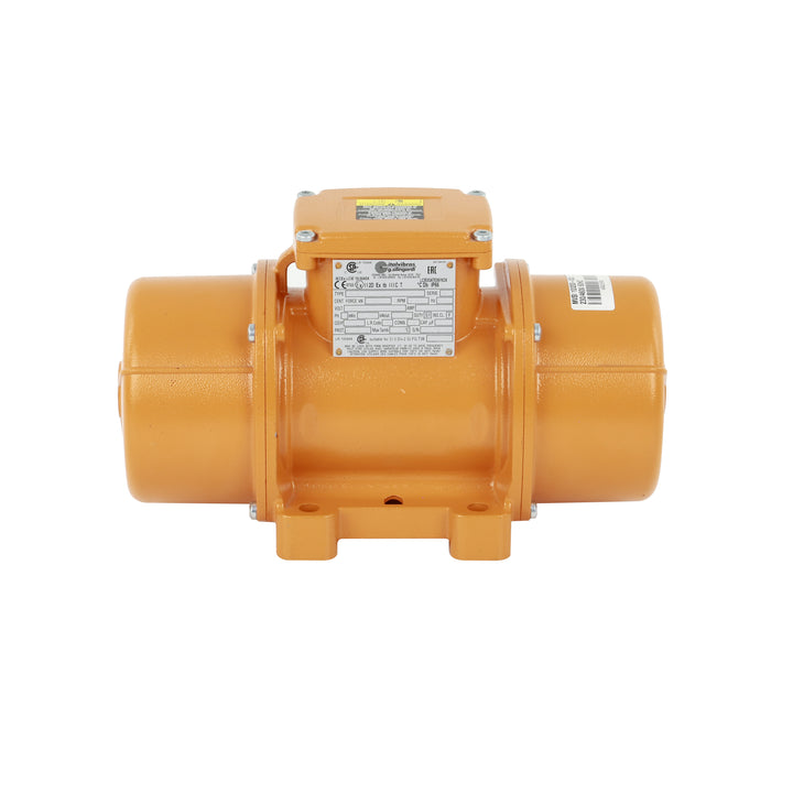 Ficha técnica del motovibrador MVSI: cumple normas IEC/EN para áreas explosivas (Zonas 21/22). Fuerza centrífuga ajustable hasta 300 kN
