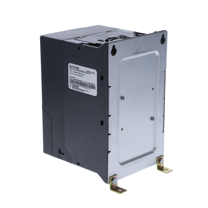 Especificaciones técnicas del variador HLP-A100: rangos de potencia (1HP a 550HP), voltajes (220V/440V), y protocolos de comunicación