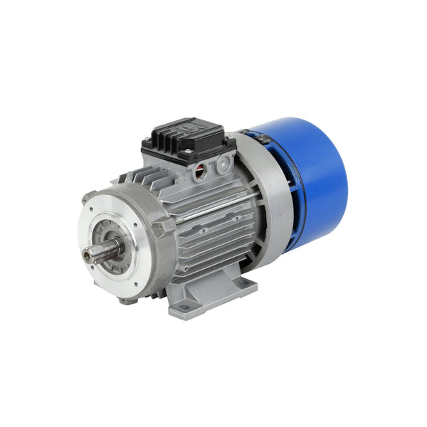 Motofreno trifásico con carcasa de aluminio, montaje B5/B14 y norma IEC 60034-30-1. Funcionamiento silencioso y baja temperatura para entornos industriales exigentes