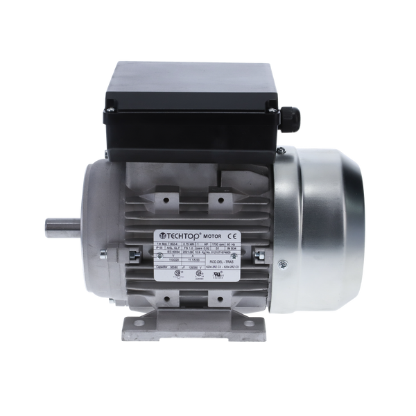 Motor monofásico TECHTOP con carcasa de aluminio y montaje B5/B14. Operación silenciosa y eficiente para aplicaciones industriales diversas