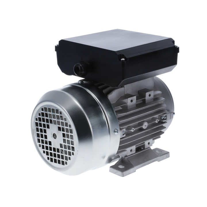 Motor monofásico TECHTOP con carcasa de aluminio resistente. Diseño versátil para montaje en patas o bridas, ideal para entornos industriales