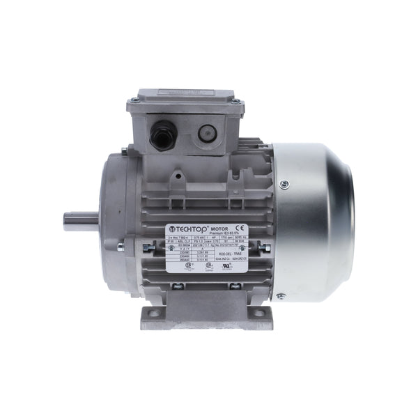 Motor trifásico TECHTOP con carcasa de aluminio, montaje B5/B14 y norma IEC 60034-30-1. Operación silenciosa y baja temperatura para aplicaciones industriales