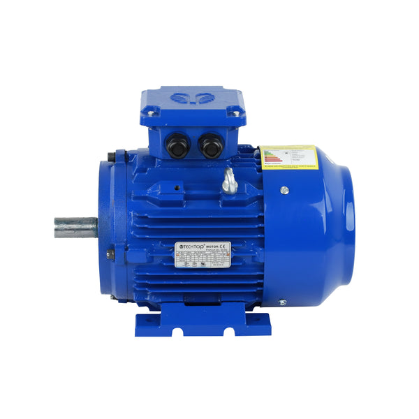 Motor trifásico TECHTOP con carcasa de hierro fundido, montaje B5/B14 y norma IEC 60034-30-1. Operación silenciosa y baja temperatura para entornos industriales exigentes