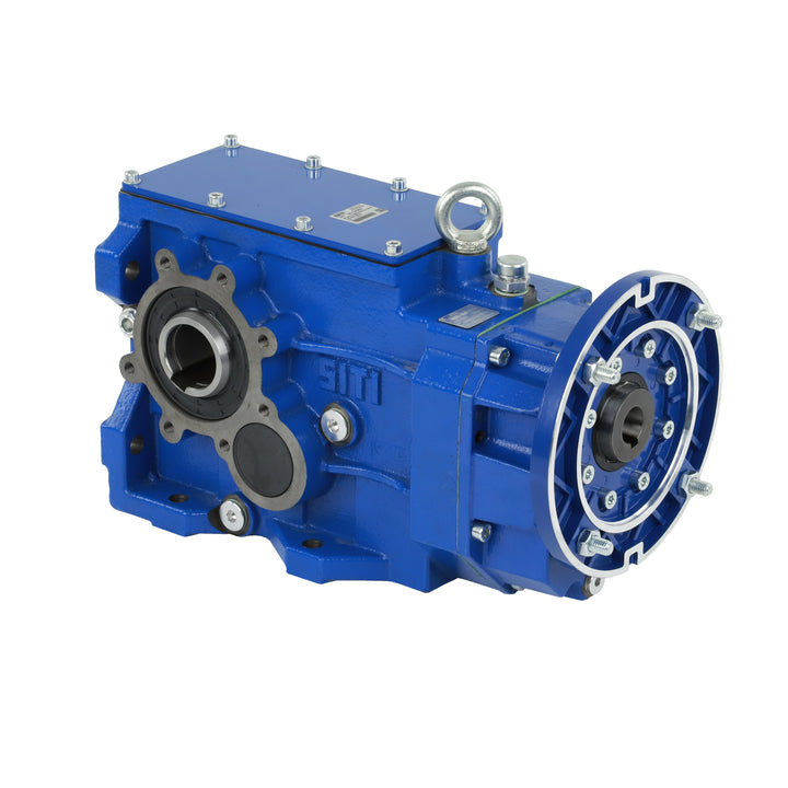 Motoreductor cónico-helicoidal italiano 390HP, relación 7:1 a 226:1. Diseño modular con kits de cambio rápido para adaptación flexible a necesidades industriales.