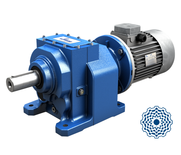 Motoreductor helicoidal MOTOVARIO serie H en hierro fundido (tamaños 030-140). Certificación ATEX 2GD/3GD para zonas peligrosas. Resistencia extrema a cargas radiales elevadas