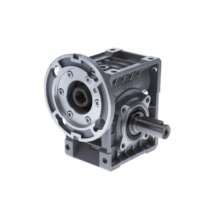 Motoreductor sinfín corona con opciones de montaje modular (brida, base y brazo de reacción). Adaptable a múltiples configuraciones industriales