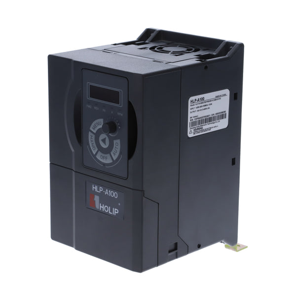 Variador de frecuencia HLP-A100 (vista frontal) con teclado externo para control fácil. Compatible con MODBUS, rango de voltaje ±20% y funciones PLC integradas